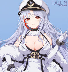  absurdres azur_lane blue_background breasts character_name cleavage closed_mouth dress elbow_gloves english_text female fur-trimmed_dress fur_collar fur_trim gloves grey_hair hand_in_own_hair hand_on_own_hip hat highres long_hair looking_at_viewer medium_breasts military_hat multicolored_hair rabe26k red_eyes russian_text solo_focus tallinn_(azur_lane) vector_trace white_dress white_gloves white_headwear 