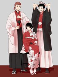  2boys arms_behind_head arms_up black_hair black_hakama black_legwear chinese_zodiac clenched_teeth crossed_arms earrings facial_hair female floral_print full_body furisode fuyushima_shinji grey_background grin hair_pulled_back hair_slicked_back hakama hand_up haori haori_himo highres japanese_clothes jewelry kimono long_sleeves looking_at_another looking_at_viewer looking_away looking_down looking_to_the_side maki_risa multiple_boys new_year obi object_on_head ponytail pout red_hair red_kimono red_theme rism02682 sandals sash short_hair sitting smile standing stool stubble stuffed_animal stuffed_tiger stuffed_toy tabi teeth touma_isami uneven_eyes white_hakama white_legwear wide_sleeves world_trigger year_of_the_tiger zouri 