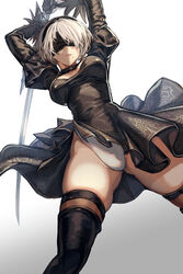  2b_(nier:automata) black_blindfold black_dress black_hairband blindfold breasts cleavage cleavage_cutout clothing_cutout commentary_request crying dress female from_below gradient_background hairband highres leotard leotard_under_clothes medium_breasts mole mole_under_mouth nier:automata nier_(series) short_hair solo streaming_tears sword tears thighhighs weapon white_hair white_leotard zyunya 