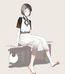  barefoot breasts closed_mouth dress expressionless female full_body grey_background grey_hair ico pale_skin pointy_ears short_hair short_sleeves sitting solo tetuhei white_dress yorda 