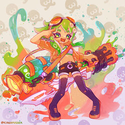  alternate_species black_footwear black_shorts boots female goggles goggles_on_head green_eyes green_hair gumi gun heavy_splatling_(splatoon) holding holding_gun holding_weapon kianamosser long_hair navel octoling open_mouth patterned_background short_shorts shorts sidelocks solo splatoon_(series) thigh_boots vocaloid weapon 