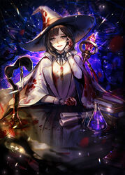  blood blood_on_clothes blood_on_face book brown_hair crying eu_(euspia) female hand_on_own_face hat jung_hayan_(regressor&#039;s_instruction_manual) korean_commentary official_art open_mouth potion regressor&#039;s_instruction_manual scroll short_hair solo staff table tears teeth upper_teeth_only witch_hat yandere 