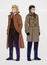  2boys alternate_costume black_gloves blonde_hair blue_eyes brothers brown_hair character_name chromatic_aberration coat collared_shirt commentary_request earrings film_grain formal full_body gloves green_shirt hand_in_pocket highres jewelry liquid_snake long_sleeves male_focus mayuzumi metal_gear_(series) metal_gear_solid mullet multiple_boys necktie red_necktie serious shirt short_hair siblings simple_background smirk solid_snake standing suit twitter_username vest white_background white_shirt 