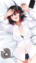  absurdres alternate_costume black_hair black_nails black_panties blue_eyes bra breasts cellphone cleavage collared_shirt cross cross_necklace ear_piercing female highres horns jewelry large_breasts long_sleeves medium_hair multicolored_hair nanashi_inc. necklace oerba_yun_fang open_mouth panties phone piercing pointy_ears red_hair ryugasaki_rene shirt smartphone smile solo tail underwear virtual_youtuber white_shirt zono_(inokura_syuzo029) 