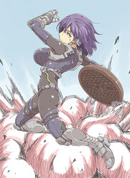  armor armored_boots bikini black_bodysuit bob_cut bodysuit boots borrowed_character breasts commentary detached_sleeves earpiece exoskeleton explosion female fighting floating_hair frown gauntlets jumping large_breasts looking_at_viewer looking_to_the_side loose_hair_strand makino_himeko_(mos_yen) manhole_cover metal_bikini mhjk_(mos_yen) oteruko_(wanabeee) purple_bikini purple_eyes purple_hair purple_shirt purple_sleeves purple_thighhighs ribbed_shirt sanpaku serious shirt short_hair sleeveless sleeveless_turtleneck smoke solo swimsuit swimsuit_over_clothes thighhighs throwing turtleneck v-shaped_eyebrows 