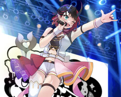  absurdres alternate_costume armpits black_hair blue_eyes blush bow bowtie breasts cleavage commentary_request demon_girl demon_horns demon_tail feet_out_of_frame female highres holding holding_microphone horns idol large_breasts looking_afar microphone multicolored_hair nanashi_inc. navel one_eye_closed open_mouth pointy_ears reaching red_bow red_bowtie red_hair ryugasaki_rene short_hair shorts smile solo stage_lights sugar_lyric tail thigh_strap two-tone_hair virtual_youtuber white_shorts wrist_cuffs zono_(inokura_syuzo029) 