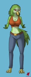  anthro avian big_breasts bird bottomwear breasts cleavage clothed clothing denim denim_bottomwear denim_clothing female harkrun hi_res jeans looking_at_viewer pants parrot pinup pose solo 