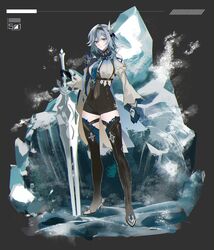  aqua_hair bad_id bad_twitter_id black_footwear black_hairband black_shorts blue_eyes blue_necktie boots breasts clothing_cutout eula_(genshin_impact) female full_body genshin_impact gloves greatsword hair_between_eyes hair_ornament hairband high-waist_shorts highres holding holding_sword holding_weapon ice long_sleeves necktie shorts shoulder_cutout simple_background solo standing sword thigh_boots thighhighs ueauwa vision_(genshin_impact) weapon 