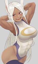  :d abs animal_ears armpits arms_behind_head boku_no_hero_academia breasts covered_abs covered_navel dark-skinned_female dark_skin female highleg highleg_leotard highres kobaji large_breasts leotard long_hair mirko muscular muscular_female purple_leotard purple_thighhighs rabbit_ears rabbit_girl red_eyes simple_background sleeveless sleeveless_turtleneck sleeveless_turtleneck_leotard smile solo taut_leotard thighhighs turtleneck turtleneck_leotard two-tone_leotard white_hair white_leotard 