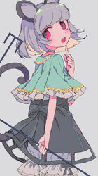  :d animal_ears aqua_capelet arm_behind_back bloomers busujima_(kusahana) capelet choker commentary_request dowsing_rod feet_out_of_frame female finger_to_own_chin frilled_capelet frills from_behind from_side grey_background grey_choker grey_hair grey_skirt hand_up highres holding index_finger_raised looking_at_viewer looking_back mouse_ears mouse_girl mouse_tail nazrin one-hour_drawing_challenge open_mouth partial_commentary pink_eyes round_teeth short_hair simple_background skirt smile solo standing tail tail_raised tareme teeth touhou underwear upper_teeth_only 