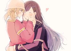  2girls ^_^ azusawa_kohane black_hair blonde_hair blush bucket_hat closed_eyes commentary couple hair_ornament hairclip hands_on_another&#039;s_face hat heart hug jacket long_hair multiple_girls project_sekai shiraishi_an short_twintails smile twintails upper_body xuan yuri 