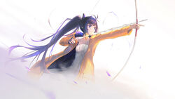  absurdres animal_ears arrow_(projectile) blonde_hair blunt_bangs bow_(weapon) closed_mouth commentary drawing_bow dress extra_ears female floating_hair gradient_hair highres holding holding_bow_(weapon) holding_weapon hololive hololive_english jacket long_hair long_sleeves looking_away multicolored_hair ninomae_ina&#039;nis official_alternate_hairstyle orange_hair pointy_ears ponytail purple_eyes purple_hair sidelocks simple_background sleeveless sleeveless_dress solo streaked_hair tallgeese_(lgeesel) tentacle_hair very_long_hair violet_(ninomae_ina&#039;nis) virtual_youtuber weapon white_background white_dress yellow_jacket 