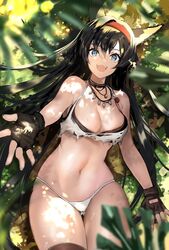  :d animal_ears arknights bad_id bad_twitter_id bikini black_gloves black_hair black_thighhighs blaze_(arknights) blue_eyes breasts cat_ears cat_girl cat_tail commentary_request cowboy_shot female fingerless_gloves gloves hairband highres hominamia inactive_account jewelry jungle large_breasts long_hair looking_at_viewer nature navel necklace official_alternate_costume open_mouth outstretched_arm plant red_hairband smile solo sweat swimsuit tail thighhighs thighs torn_clothes very_long_hair white_bikini 