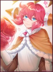  1other :3 artist_name blue_eyes border cape commentary cookie_run floating_headgear food fruit fur-trimmed_cape fur_trim hair_between_eyes headgear highres humanization light_blush long_sleeves looking_at_viewer pink_hair shirt short_hair_with_long_locks signature simple_background solo strawberry strawberry_crepe_cookie ubi_(ekdus6080) upper_body v-shaped_eyebrows white_background white_shirt yellow_cape 