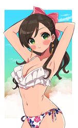  armpits arms_behind_head arms_up bikini border bow breasts brown_hair cleavage closed_mouth collarbone cowboy_shot dot_nose earrings etou_misaki_(idolmaster) female floral_print frilled_bikini frills gradient_background green_eyes hair_ribbon hairbow highres idolmaster idolmaster_cinderella_girls idolmaster_cinderella_girls_starlight_stage jewelry long_hair looking_at_viewer medium_breasts navel outside_border pink_ribbon print_bikini ribbon side-tie_bikini_bottom solo standing sukoyaka_(100hituzi) swimsuit white_bikini white_border 