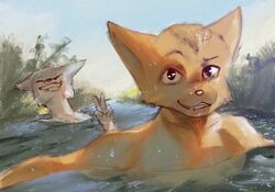  anthro blue_body blue_fur canid canine canis domestic_cat domestic_dog duo english_text felid feline felis fur hi_res male mammal orange_body orange_fur river sky stampmats summer text water 