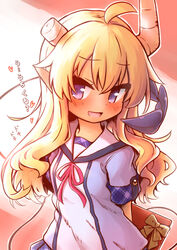  :d ahoge blonde_hair broken_horn commentary_request dark-skinned_female dark_skin demon_girl demon_horns demon_tail female gift highres holding holding_gift horns kareya lilith_(machikado_mazoku) long_hair looking_to_the_side machikado_mazoku neck_ribbon open_mouth purple_eyes red_ribbon ribbon school_uniform serafuku short_sleeves smile solo tail valentine 