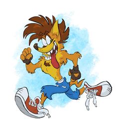  activision anthro bandicoot bottomwear clothing crash_(series) crash_bandicoot fingerless_gloves footwear gloves handwear havesomemoore hi_res male mammal marsupial pants sharp_teeth shoes solo teeth tongue tongue_out 