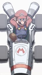  1boy arms_behind_head b-dasher banel_springer blue_eyes blue_overalls brown_footwear brown_hair car closed_mouth commentary crossed_legs english_commentary facial_hair formula_racer from_above full_body highres long_sleeves looking_at_viewer male_focus mario mario_(series) mario_kart mario_kart_8 motor_vehicle moustache overalls race_vehicle racecar red_headwear red_shirt shirt short_hair smile smug solo vehicle_focus 