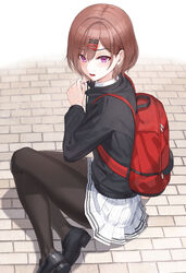  backpack bag black_footwear black_jacket black_pantyhose brown_hair commentary_request female hair_ornament hairclip highres higuchi_madoka idolmaster idolmaster_shiny_colors jacket kfr legs loafers looking_at_viewer mole mole_under_eye pantyhose purple_eyes randoseru shoes short_hair skirt solo white_skirt 