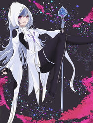  absurdres ass astonfe black_background breasts fate/grand_order fate/grand_order_arcade fate/prototype fate_(series) female grey_hair hair_between_eyes highres hood hood_up long_hair looking_at_viewer mage_staff merlin_(fate/prototype) merlin_(fate/prototype)_(first_ascension) outstretched_leg pantyhose small_breasts smile solo thighs wide_sleeves 