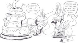  alicorn annoyed cake celery crown cutlery dessert duo english_text equid equine food fork friendship_is_magic fruit half-closed_eyes hasbro headgear hi_res horn kitchen_utensils magic mammal monochrome my_little_pony mythological_creature mythological_equine mythology narrowed_eyes nauyaco plant plate princess_celestia_(mlp) princess_luna_(mlp) smile strawberry text tools vegetable wings 