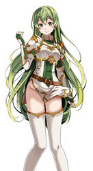  ahoge arm_guards armor belt blush boots breastplate breasts brown_belt closed_mouth commentary detached_sleeves dress erinys_(fire_emblem) eyelashes feet_out_of_frame female fingerless_gloves fire_emblem fire_emblem:_genealogy_of_the_holy_war fire_emblem_heroes gloves gold_trim green_eyes green_gloves green_hair green_nails groin hair_between_eyes highres lips long_hair looking_at_viewer medium_breasts nail_polish no_panties pelvic_curtain shoulder_armor simple_background smile solo thigh_boots thighhighs thighs tsukishiro_saika white_background white_dress white_thighhighs wind wing_collar 