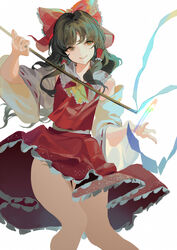  ascot bare_shoulders bow brown_eyes brown_hair closed_mouth detached_sleeves feet_out_of_frame female frilled_hair_tubes frills gohei hair_tubes hairbow hakurei_reimu highres holding holding_stick knees_together_feet_apart long_hair looking_at_viewer petticoat red_bow red_skirt red_vest reeh_(yukuri130) ribbon-trimmed_sleeves ribbon_trim sidelocks simple_background skirt skirt_set smile solo standing stick touhou unconnected_marketeers vest white_background wide_sleeves yellow_ascot 