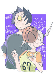  1boy ball basketball_(object) basketball_jersey black_hair black_scrunchie black_shirt brown_shirt commentary_request cropped_torso female grey_hair hair_ornament hair_scrunchie heart highres in_the_face ishikawa_luna nikki_kyousuke ootori_tatta original purple_background scrunchie shirt short_sleeves side_ponytail text_background translation_request two-tone_background upper_body white_background 