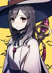  bat_(animal) brown_hair eu_(euspia) female hat jacket jewelry jung_hayan_(regressor&#039;s_instruction_manual) necklace regressor&#039;s_instruction_manual ribbon short_hair smile solo staff white_jacket wizard wizard_hat yellow_background 