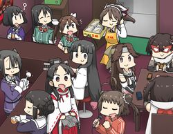  6+girls ? ahoge alternate_costume antenna_hair apron ashigara_(kancolle) ashigara_kai_ni_(kancolle) bar_(place) black_hair bow bowtie brown_eyes card chikuma_(kancolle) chikuma_kai_ni_(kancolle) closed_eyes creator_connection cup detached_sleeves door double_bun elbow_gloves food gloves haguro_(kancolle) haguro_kai_ni_(kancolle) hair_between_eyes hair_bun hair_ornament hair_ribbon hairband hairclip hamu_koutarou headband headgear highres holding holding_microphone jacket japanese_clothes jintsuu_(kancolle) jintsuu_kai_ni_(kancolle) kantai_collection long_hair long_sleeves low-tied_long_hair mask microphone multiple_girls myoukou_(kancolle) myoukou_kai_ni_(kancolle) nachi_(kancolle) nachi_kai_ni_(kancolle) naka_(kancolle) naka_kai_ni_(kancolle) nisshin_(kancolle) open_mouth red_bow red_bowtie red_jacket ribbon ribbon-trimmed_sleeves ribbon_trim scarf sendai_(kancolle) sendai_kai_ni_(kancolle) short_hair shouhou_(kancolle) sidelocks sitting smile stool table tone_(kancolle) tone_kai_ni_(kancolle) track_jacket twintails two_side_up white_gloves wide_sleeves yellow_apron 