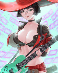  black_hair breasts choker crop_top electric_guitar female fingerless_gloves glasses gloves green_eyes guilty_gear guilty_gear_strive guitar hat highres i-no instrument large_breasts lipstick looking_at_viewer makeup mcdobo mole mole_above_mouth partially_unbuttoned red_hat rimless_eyewear round_eyewear short_hair shorts smile solo witch_hat 