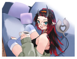  absurdres alternate_costume alternate_hairstyle bangs_pinned_back black_hair black_tank_top blue_eyes blue_thighhighs blush breasts coffee coffee_mug commentary_request couch cup demon_girl demon_horns demon_tail detached_leggings ear_piercing earrings female full_body glasses green_sweater highres horns jewelry large_breasts long_hair looking_at_viewer mug multicolored_hair multiple_earrings nail_polish nanashi_inc. off_shoulder open_mouth piercing pillow pointy_ears red_hair red_nails ring round_eyewear ryugasaki_rene sitting smile solo sugar_lyric sweater tail tank_top thighhighs toeless_legwear toenail_polish toenails two-tone_hair virtual_youtuber wooden_floor zono_(inokura_syuzo029) 