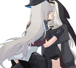  2girls absurdres arknights black_gloves black_hair black_nails black_pants black_shirt black_thighhighs blush closed_eyes gloves grey_hair grey_shirt habit hand_on_another&#039;s_shoulder highres kissing kneeling leaning_forward long_hair long_sleeves meatworld9 multiple_girls nun pants shirt shirt_grab simple_background skadi_(arknights) specter_(arknights) thighhighs very_long_hair white_background yuri 