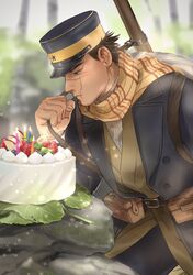  1boy belt belt_pouch birthday_cake black_hair cake candle food golden_kamuy gun hat highres kepi leaf male_focus military military_hat military_uniform outdoors pouch rifle scar scar_on_face scar_on_nose scarf solo sorewakaru0001 stone sugimoto_saichi uniform weapon yellow_scarf 