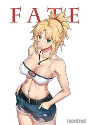  alternate_breast_size bandeau bare_arms bare_shoulders belt black_belt blonde_hair breasts camisole character_name chinese_commentary cleavage commentary cowboy_shot cutoffs denim denim_shorts fate/apocrypha fate_(series) female ge_(zmq67911029) green_eyes large_breasts long_hair looking_at_viewer midriff mordred_(fate) mordred_(fate/apocrypha) mordred_(memories_at_trifas)_(fate) navel ponytail short_shorts shorts sidelocks simple_background smile solo spaghetti_strap standing stomach white_background 