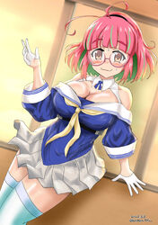  blue_shirt blush breasts brown_eyes cleavage commission cosplay cowboy_shot detached_collar female fletcher_(kancolle) fletcher_(kancolle)_(cosplay) glasses gloves green_hair highres indoors kantai_collection large_breasts long_sleeves looking_at_viewer multicolored_hair neckerchief off_shoulder pink-framed_eyewear pink_hair pleated_skirt ponytail red_eyes sailor_collar sailor_shirt school_uniform senon serafuku shirt short_hair skeb_commission skirt smile solo streaked_hair sunset sweatdrop thighhighs ume_(kancolle) white_gloves white_sailor_collar white_skirt white_thighhighs window yellow_neckerchief 