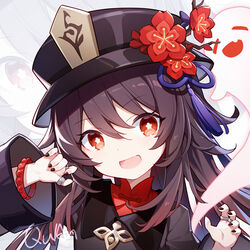  :d artist_name bead_bracelet beads black_hair black_hat black_nails black_shirt boo_tao_(genshin_impact) bracelet chinese_clothes claw_pose collared_shirt commentary female flower flower-shaped_pupils genshin_impact ghost gradient_hair hat hat_flower head_tilt hu_tao_(genshin_impact) jewelry long_hair long_sleeves looking_at_viewer mandarin_collar multicolored_hair multiple_rings nail_polish open_mouth plum_blossoms quan_(kurisu_tina) red_eyes red_flower ring shirt smile solo star_(symbol) symbol-shaped_pupils thumb_ring upper_body wide_sleeves zoom_layer 