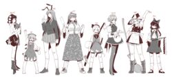  6+girls absurdres animal_ears animal_hair_ornament apron barefoot black_hair black_skirt blazer blush boots bow braid breasts broom cirno closed_eyes closed_mouth collared_shirt commentary_request crescent crescent_pin detached_sleeves dress finger_gun frilled_hat frills frog_hair_ornament frogsnake gohei hair_ornament hair_tubes hairbow hakurei_reimu hat height height_chart height_difference high_heels highres incredibly_absurdres izayoi_sakuya jacket katana kirisame_marisa knife kochiya_sanae konpaku_youmu konpaku_youmu_(ghost) large_breasts leaf_fan long_hair long_skirt maid maid_apron maid_headdress multiple_girls nail_polish neckerchief nontraditional_miko oonusa open_mouth pantyhose pleated_skirt rabbit_ears reisen_udongein_inaba shameimaru_aya shirt shoes short_sleeves skirt sneakers socks sword tall tall_female tokin_hat touhou very_long_hair waist_bow weapon white_background white_shirt wings witch_hat wrist_cuffs 