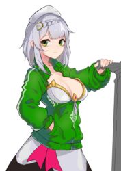  bad_id bad_pixiv_id braid breasts china_tracksuit cleavage cowboy_shot dress favonius_greatsword_(genshin_impact) female genshin_impact green_eyes green_jacket grey_hair hand_in_pocket highres inniyik jacket long_hair long_sleeves looking_at_viewer medium_breasts meme_attire noelle_(genshin_impact) partially_unzipped simple_background smile solo strapless strapless_dress sword track_jacket weapon white_background white_dress white_headwear zipper_pull_tab 