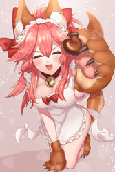  absurdres animal_ear_fluff animal_ears apron bare_shoulders bell blush bow breasts candy cat_hair_ornament chiri_214 chocolate cleavage closed_eyes collar fate/extra fate/grand_order fate_(series) female food fox_ears fox_girl fox_tail frills hair_between_eyes hair_ornament hairbow heart heart-shaped_chocolate highres jingle_bell kneeling large_breasts long_hair naked_apron neck_bell open_mouth outstretched_arm pink_hair ponytail red_bow sideboob sidelocks smile solo tail tamamo_(fate) tamamo_cat_(fate) tamamo_cat_(third_ascension)_(fate) thighhighs thighs white_apron white_thighhighs 