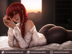  ass bare_shoulders bed_sheet black_legwear blush braid braided_ponytail chainsaw_man commentary cowboy_shot cup female grey_eyes gumroad_username hair_over_shoulder holding indoors long_hair long_sleeves looking_at_viewer luminyu lying makima_(chainsaw_man) on_stomach panties parted_lips patreon_username red_hair shirt signature solo steam twitter_username underwear white_shirt white_sleeves 