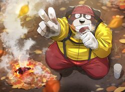  2023 anthro autumn bernese_mountain_dog black_body black_nose bottomwear canid canine canis closed_eyes clothing detailed_background domestic_dog eating food hi_res humanoid_hands kemono leaf male mammal molosser mountain_dog nekodon_san overweight overweight_male pants shirt solo swiss_mountain_dog topwear white_body 