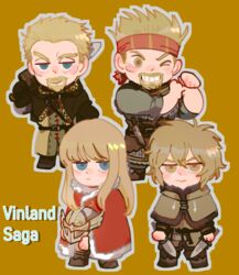  4boys ai-shii_(kasehara-chan) askeladd beard blonde_hair blue_eyes brown_eyes canute chibi dagger facial_hair fur_trim helmet holding holding_weapon knife long_hair multiple_boys short_hair sword thorfinn thorkell tunic unworn_headwear unworn_helmet viking vinland_saga weapon 