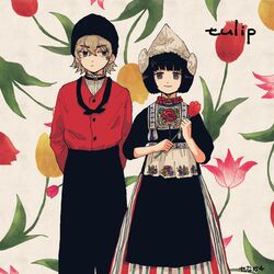  1boy amatori_chika arms_behind_back black_dress black_hair black_headwear black_pants blunt_bangs bob_cut brown_hair crossed_bangs dress ema_yuzuru english_text female flipped_hair floral_background flower green_eyes hair_between_eyes hat highres holding holding_flower jacket jewelry long_sleeves looking_at_another looking_at_viewer looking_away necklace pants purple_eyes red_jacket rism02682 short_hair sideways_glance sleeves_past_elbows smile standing straight-on tulip white_headwear world_trigger 