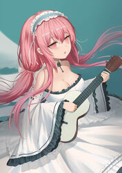  absurdres aqua_background azur_lane breasts cleavage dress female guitar hairband highres holding instrument jiantai long_hair looking_at_viewer medium_breasts open_mouth perseus_(azur_lane) pink_eyes pink_hair solo white_dress 