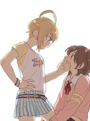  2girls :t ahoge assertive_female backlighting belt belt_buckle blonde_hair bow bright_pupils brown_eyes brown_hair buckle cardigan closed_mouth clothes_writing contrapposto cowboy_shot d.y.x. eye_contact fingernails from_side grabbing_another&#039;s_chin hairbow hand_on_another&#039;s_chin hand_on_own_hip hand_up ibuki_tsubasa idolmaster idolmaster_million_live! kasuga_mirai leg_between_thighs light_brown_hair long_sleeves looking_at_another looking_down looking_up midriff_peek miniskirt multicolored_belt multiple_girls neck_ribbon one_side_up parted_lips pink_bow pink_cardigan plaid pleated_skirt profile raglan_sleeves red_ribbon ribbon school_uniform see-through_silhouette shirt short_sleeves simple_background sitting skirt standing striped_belt striped_clothes striped_skirt sweatdrop t-shirt tareme two-tone_shirt two-tone_skirt vertical-striped_clothes vertical-striped_skirt white_background white_pupils white_shirt wing_collar wristband yellow_eyes yuri 