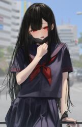  absurdres black_hair black_mask black_serafuku blurry blurry_background blush commentary day ear_piercing enokawa_kokoro_(hara_kenshi) facial_mark female hair_between_eyes hara_kenshi highres long_hair mask mask_pull mole mole_under_mouth mouth_mask neckerchief original outdoors piercing red_eyes red_neckerchief school_uniform serafuku short_sleeves solo sweat tongue_piercing 