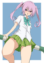  blue_background blush collared_shirt dress_shirt female from_below green_skirt highres legs long_hair looking_down mosui_(kori_can) nana_asta_deviluke open_mouth pink_eyes pink_hair plaid plaid_skirt sainan_high_school_uniform school_uniform shirt short_sleeves simple_background skirt solo thighs to_love-ru to_love-ru_darkness twintails untucked_shirt white_shirt 