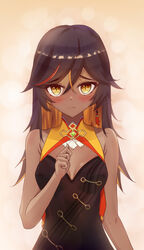  absurdres alternate_hairstyle bare_shoulders black_dress black_hair blush breasts cleavage dark-skinned_female dark_skin dress female genshin_impact hair_down half-closed_eyes highres long_hair looking_at_viewer multicolored_hair rionlium shy sleeveless sleeveless_dress streaked_hair two-tone_hair xinyan_(genshin_impact) yellow_eyes 